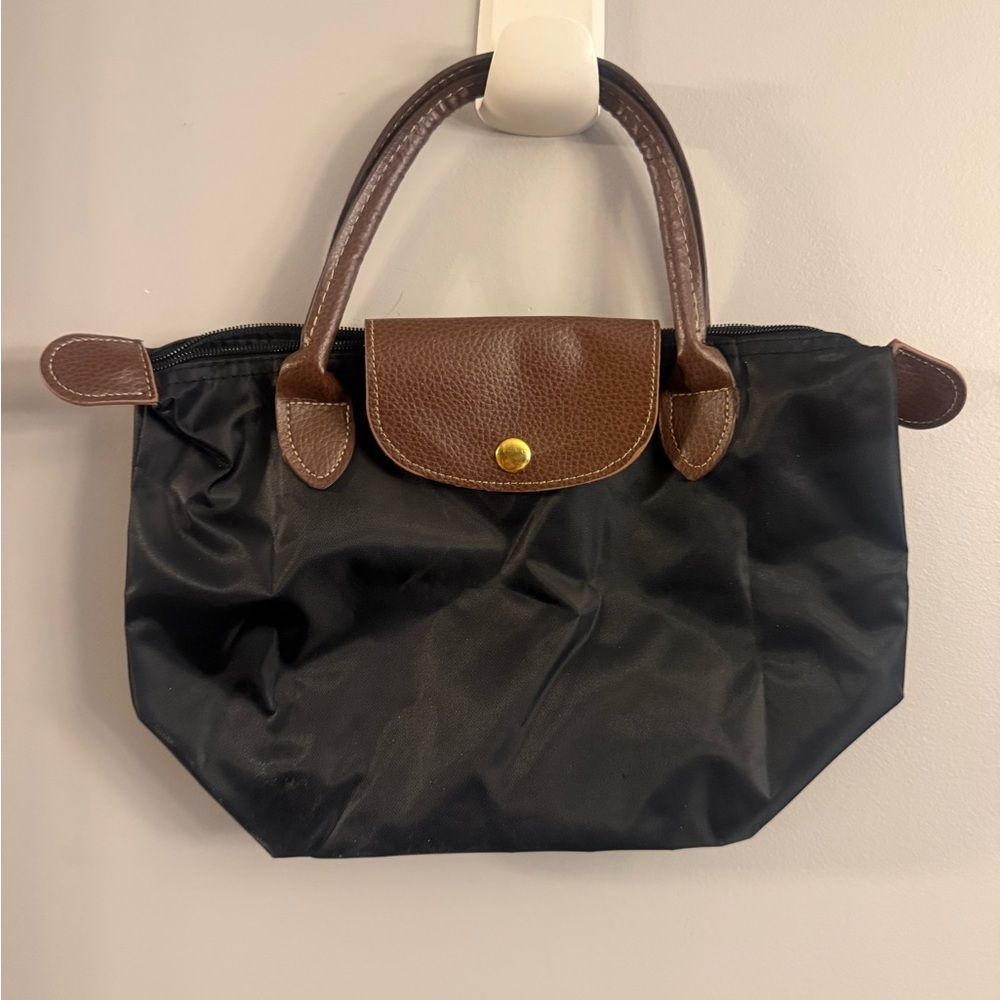 Black Nylon Foldover Tote Brown Leather Handles